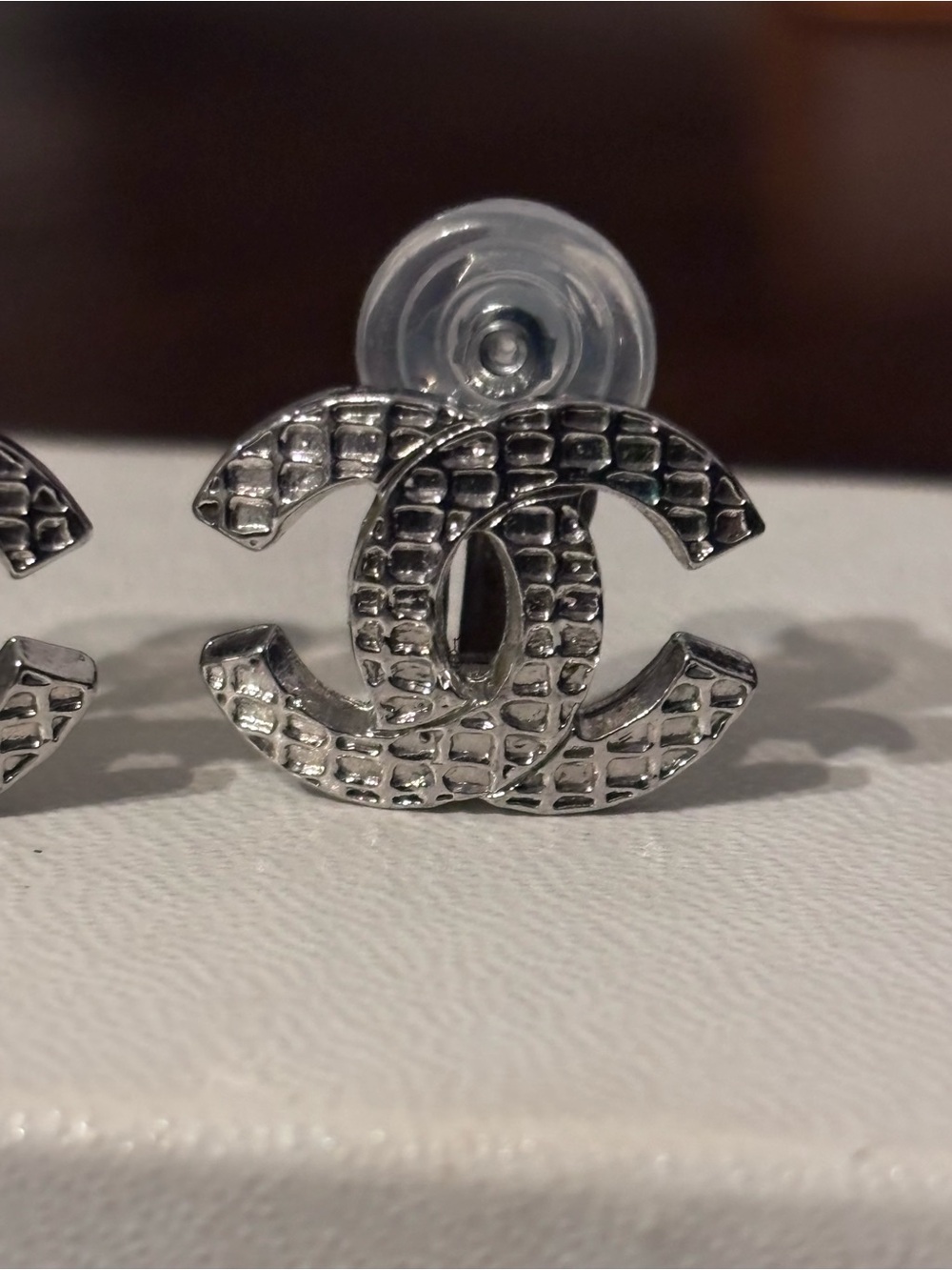 CHANEL Silver Quilted CC Logo Stud Earrings w/COA - Picture 4 of 11